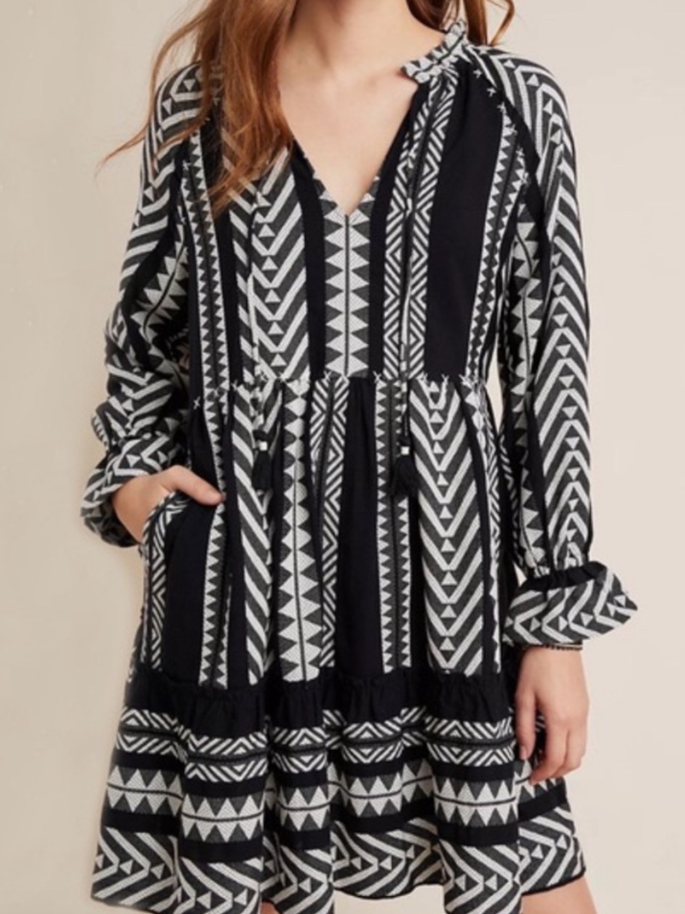 Maeve Black and White Geo-Print Midi Dress